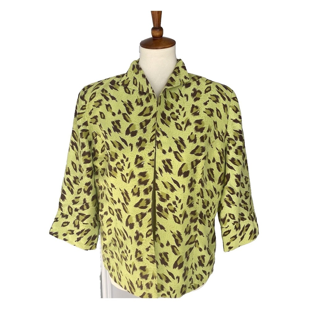 VTG MXI Women 12 Cardigan Blazer 3/4 Sleeve 100% Silk Green Lining Leopard Print